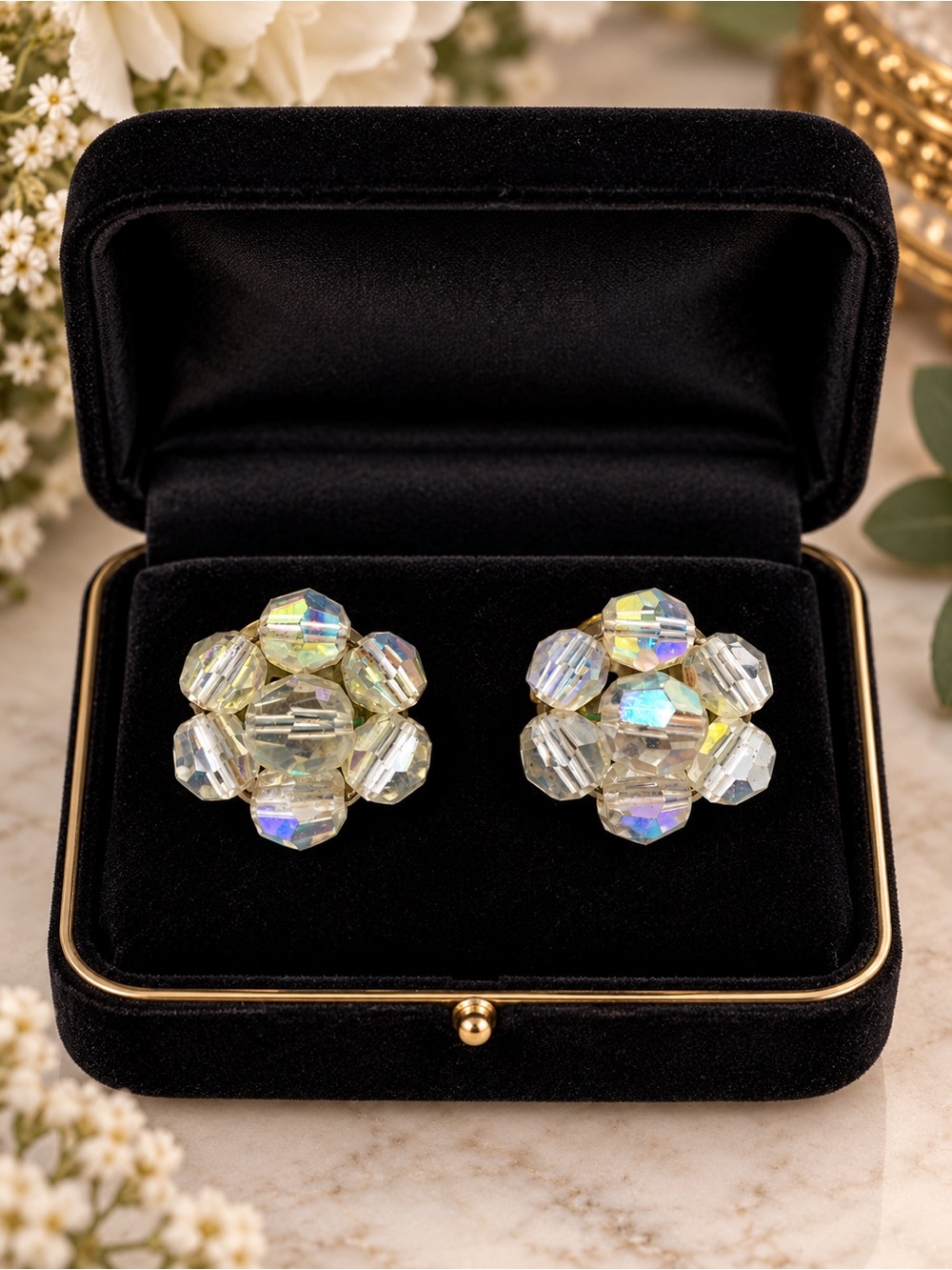 Aurora Borealis Glass Beaded Cluster Clip-On Earrings Vintage Statement Jewelry